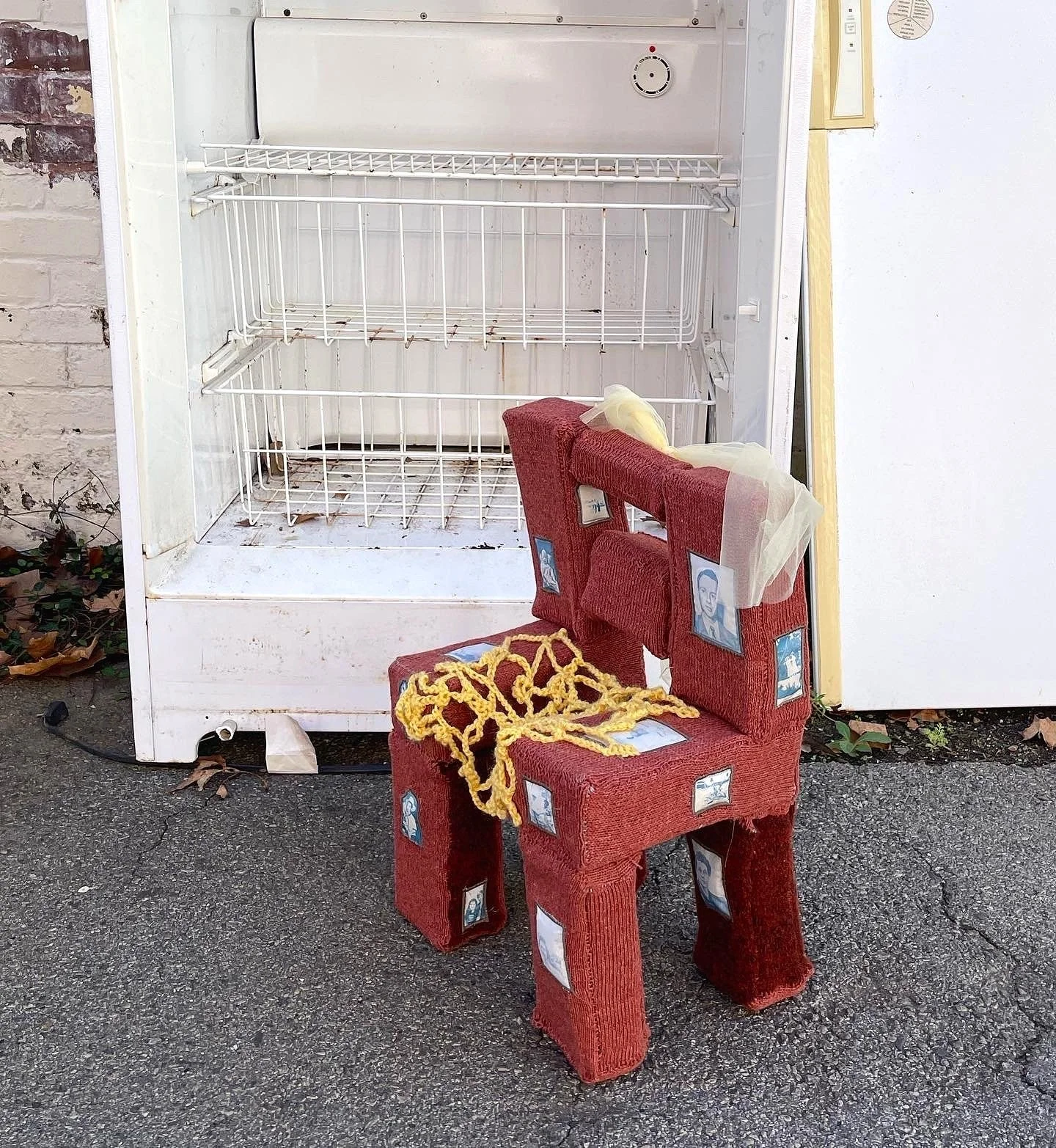 Family Tree (it's just a brick chair), 2023.
Assembled knit "bricks", cyanotype printed family photos, crochet netting, found tulle.
