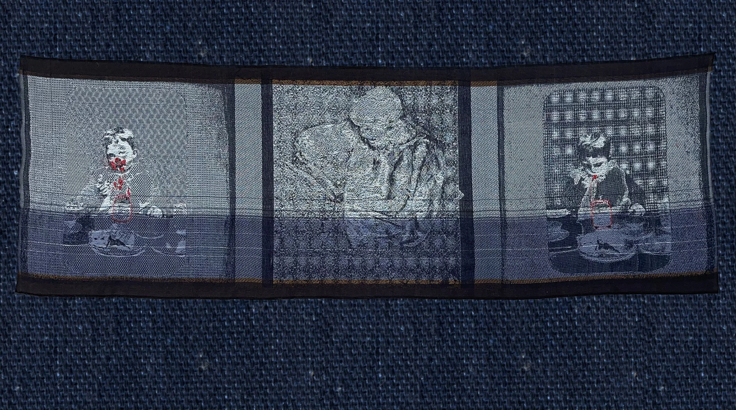 I Gained Consciousness While Eating Raspberry Jam for the First Time, 2024.
"Woven Cyanotype"; jacquard weaving, freehand machine embroidery. 